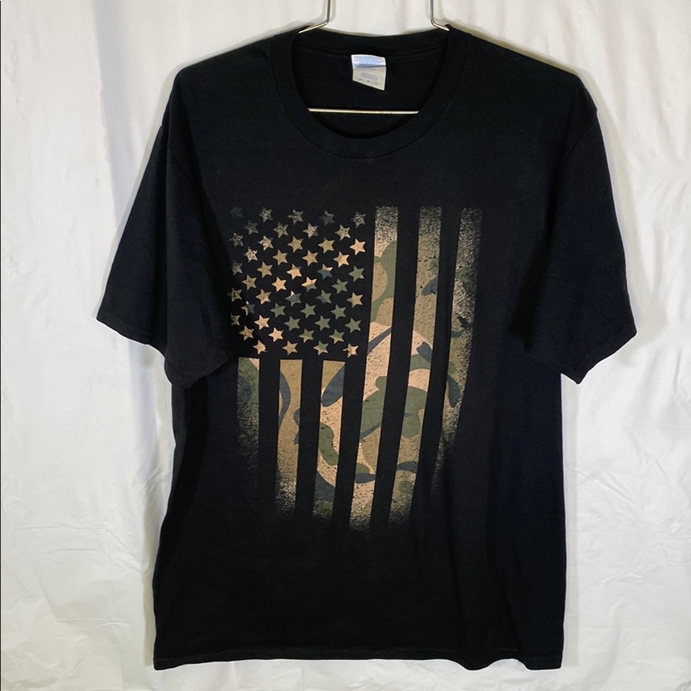 Port and Company Black and Green Short Sleeve Tee with Distressed Flag Design